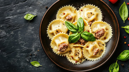 A top view of a delectable plate of ravioli garnished with fresh basil. This vibrant dish showcases gourmet culinary artistry, perfect for dining occasions.の素材