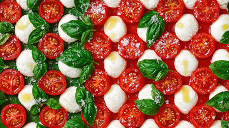 A vibrant top-down view of a colorful Caprese salad featuring fresh tomatoes, mozzarella, and basil. Perfect for healthy meal presentations.の素材