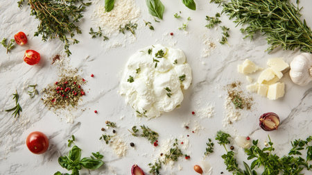 A close-up view of fresh mozzarella cheese surrounded by vibrant herbs and ingredients, perfect for culinary inspiration and food photography.の素材
