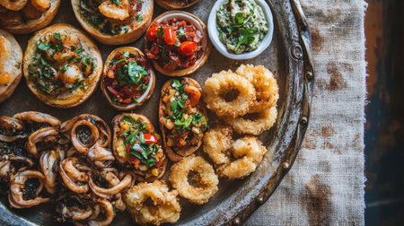 Discover an inviting platter of assorted cicchetti dishes featuring vibrant ingredients and colors, perfect for sharing at gatherings or events.の素材