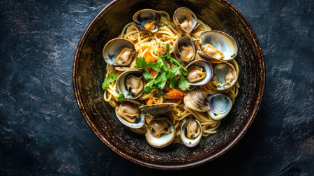 A captivating bowl of fresh spaghetti with clams, garnished with herbs, showcasing a delicious culinary experience perfect for gourmet dishes.の素材