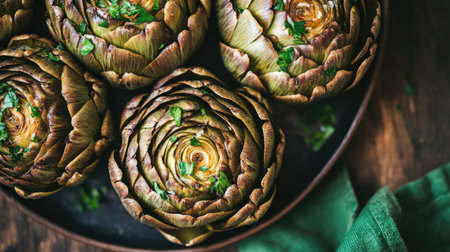 A close-up shot of fresh artichokes garnished with herbs on a rustic wooden plate, showcasing vibrant colors and textures ideal for culinary inspiration.の素材