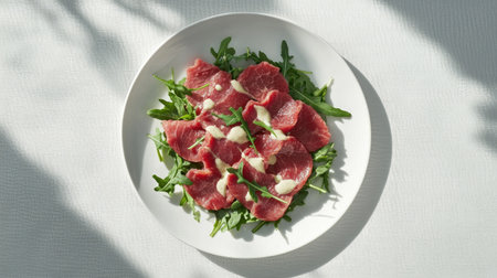 A beautifully arranged plate of Vitello Tonnato featuring thinly sliced meat over fresh arugula, complemented by a creamy sauce, showcasing modern culinary art.の素材