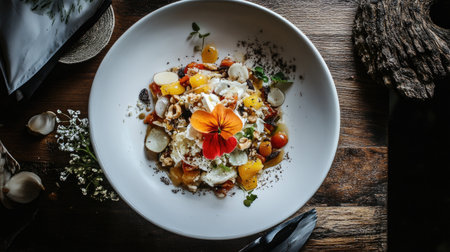 An exquisite top-view photo of a vibrant spicy papaya salad garnished with fresh ingredients and a decorative flower, ideal for culinary inspiration.の素材