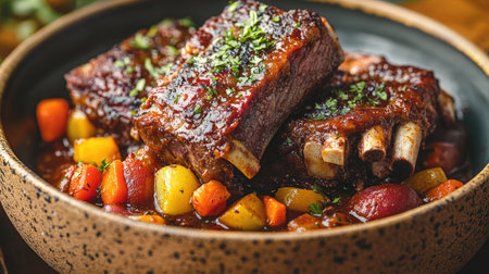 Discover a mouthwatering plate of slow-cooked beef ribs served in a rich bourguignon sauce, accompanied by vibrant vegetablesの素材