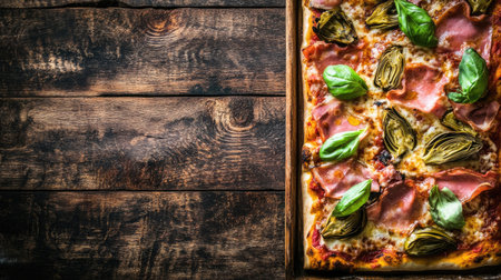 A top view of a delicious Capricciosa pizza garnished with fresh basil and artichokes, presented on a rustic wooden table for an appetizing meal.の素材