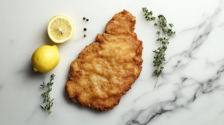 A simple yet elegant depiction of Cotoletta alla Milanese, beautifully presented with fresh herbs and lemon slices on a marble surface, showcasing delicious textures.の素材