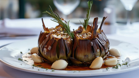 A beautiful presentation of carciofi alla Romana, showcasing artichokes elegantly plated with garlic and herbs, perfect for gourmet dining and food photography.の素材