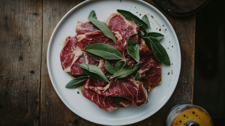 This stunning overhead shot showcases tender beef saltimbocca beautifully arranged with fresh herbs, emphasizing quality ingredients and culinary artistry.の素材