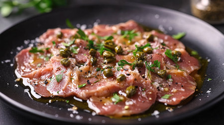 A beautifully presented dish of Vitello Tonnato featuring tender meat, capers, and fresh herbs. Perfect for gourmet dining and culinary enthusiasts.の素材