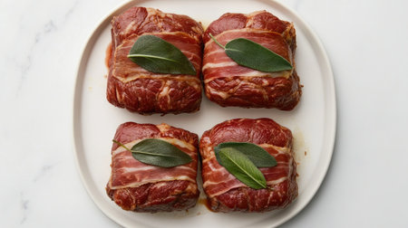 An overhead view of beautifully arranged beef saltimbocca featuring fresh herbs on a stylish plate, perfect for showcasing culinary creativity and flavor.の素材