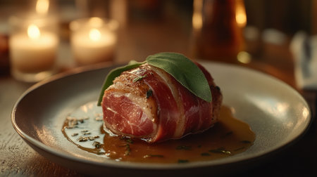 A modern interpretation of the classic saltimbocca alla Romana served elegantly on a plate, featuring wrapped meats topped with fresh herbs in a rich sauce.の素材