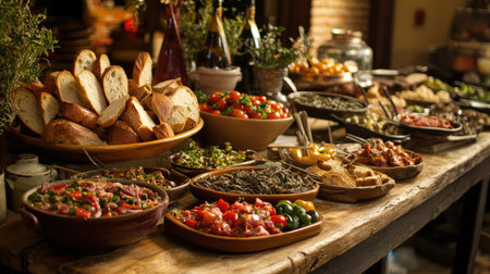 Explore a rustic table filled with a vibrant array of Spanish dishes, featuring fresh ingredients and delightful colors, perfect for gatherings and feasting.の素材