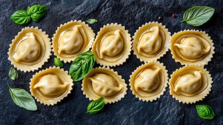A stunning top view of perfectly shaped Italian ravioli arranged on a slate background, surrounded by fresh basil leaves, ideal for culinary inspiration.の素材