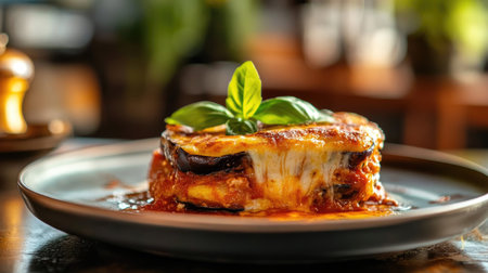 A delicious serving of melanzane alla parmigiana on a stylish plate, boasting layers of eggplant, cheese, and basil, perfect for any Italian meal.の素材