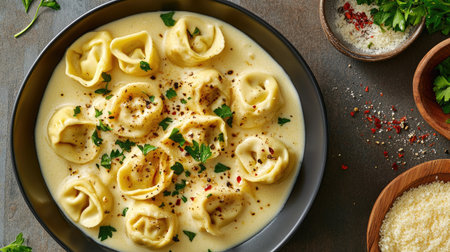 This stunning flat lay features creamy tortellini in a rich sauce, beautifully garnished with fresh herbs and spices, perfect for food photography.の素材