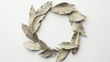 A circular arrangement of dried bay leaves on a white background, showcasing a minimalist aesthetic ideal for decorative or culinary purposes.の素材