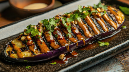 A beautifully presented grilled eggplant drizzled with sauce and garnished with herbs, perfect for a chic dining experience or vegetarian dish.の素材