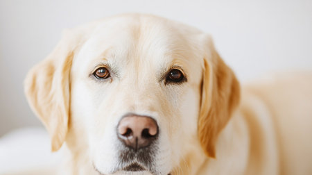 This close-up portrait features a friendly golden retriever, showcasing its beautiful fur and expressive eyes. Perfect for pet lovers and animal-themed projects.の素材