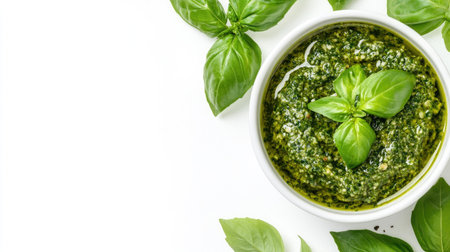 A top view of a white bowl filled with fresh pesto sauce, garnished with basil leaves, against a clean white background, perfect for culinary designs.の素材