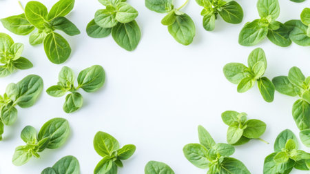 A vibrant display of fresh green herbs arranged on a white background, highlighting their rich textures and natural beauty, perfect for culinary themes.の素材