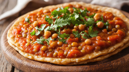 A tempting flatbread topped with a rich tomato and chickpea mixture, garnished with fresh cilantro, perfect for a healthy and flavorful meal.の素材