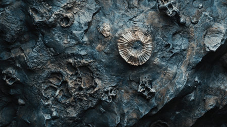 Explore fascinating ancient fossils embedded in a rough rock surface, showcasing nature's history and the story of life preserved in stone.の素材