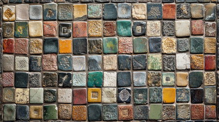 Vibrant mosaic tile pattern showcasing a variety of colors and textures, perfect for interior design projects or as a decorative background.の素材