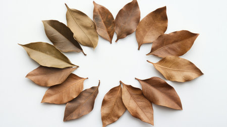 A circular arrangement of various brown leaves on a clean white background, showcasing seasonal beauty and natural textures for artistic creations.の素材