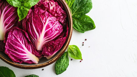 A vibrant arrangement of fresh red cabbage and spinach leaves in a rustic bowl, perfect for adding color and nutrition to any dish or salad.の素材