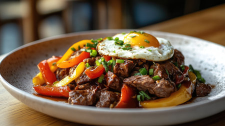 A vibrant plate of beef stir-fry featuring tender beef, colorful bell peppers, and a sunny-side-up egg, perfect for a flavorful meal.の素材
