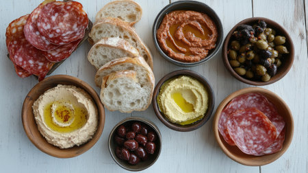 A beautifully arranged charcuterie board featuring various spreads, salami, olives, and bread, perfect for entertaining and casual gatherings.の素材