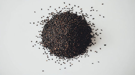 A closeup view of a pile of black seeds on a white background, showcasing their texture and richness. Ideal for health and food-related visuals.の素材