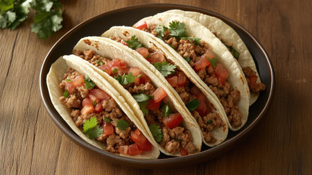 A mouthwatering display of tacos filled with savory meat, fresh tomatoes, and herbs, served in a bowl. Perfect for meal occasions and gatherings.の素材