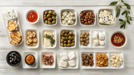 A vibrant display of assorted cheeses, olives, and snacks ideal for entertaining. Perfect for parties, this gourmet platter offers a delightful variety of tastes and textures.の素材