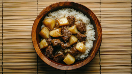 A delightful bowl of savory beef and potato served over warm rice, perfect for a hearty meal. Ideal for showcasing comfort food and Asian cuisine.の素材