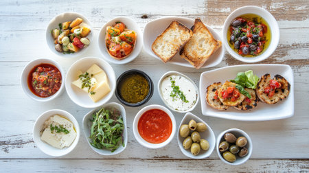 A beautifully arranged Mediterranean platter featuring various appetizers, including olives, cheeses, fresh vegetables, and savory sauces, ideal for sharing.の素材