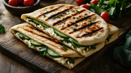 Delightful grilled flatbread stacked with fresh cucumbers and herbs, showcasing vibrant colors and textures. Perfect for a healthy snack or meal option.の素材