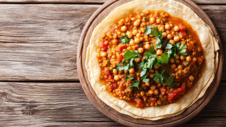 A vibrant dish featuring lentils and fresh herbs served on a flatbread. Perfect for showcasing healthy and comforting culinary traditions.の素材
