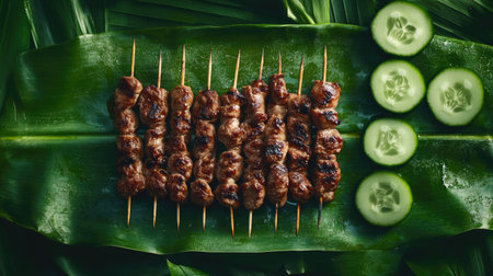 Enjoy a mouthwatering view of grilled meat skewers paired with fresh cucumber slices on a vibrant green leaf, perfect for a summer feast or outdoor gathering.の素材