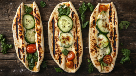 Enjoy these freshly grilled flatbreads topped with vibrant cucumbers, juicy tomatoes, and aromatic herbs, perfect for a healthy meal or snack.の素材