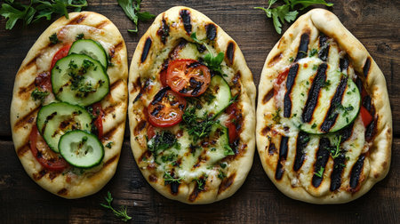 Enjoy these beautifully grilled flatbreads topped with fresh vegetables and melted cheese, perfect for a relaxing outdoor meal or snack.の素材