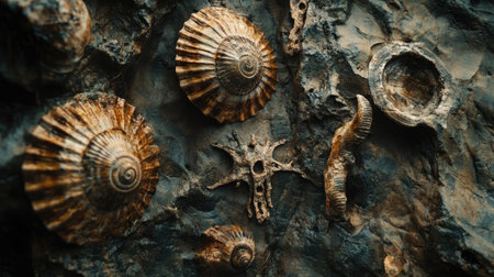 A stunning collection of fossilized shells set against a textured rock background, showcasing the beauty of natural history and geological formations.の素材