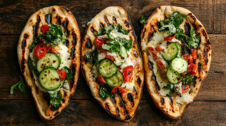 Enjoy three grilled flatbreads topped with fresh vegetables and cheese, showcasing vibrant colors and flavors, perfect for a healthy meal or snack.の素材