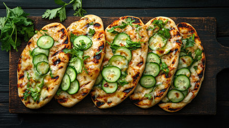 Enjoy this visually appealing image of freshly grilled flatbreads topped with sliced cucumbers and vibrant greens, perfect for summer gatherings or casual dining.の素材