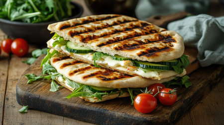 Enjoy a delectable grilled sandwich packed with fresh vegetables and melted cheese, perfect for a healthy meal or snack. Ideal for food lovers.の素材
