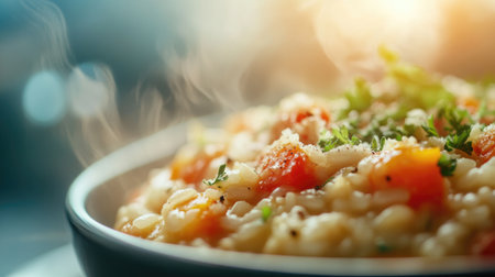 Enjoy a captivating close-up view of a delicious risotto dish, featuring vibrant ingredients, steam rising, and rich textures that evoke warmth and flavor.の素材