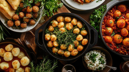 A captivating overhead view of traditional Italian dishes showcasing a variety of fresh ingredients and vibrant colors. Perfect for food lovers and culinary enthusiasts.の素材