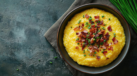 A delicious bowl of creamy polenta garnished with crispy bacon and fresh chives, beautifully captured from above. Perfect for culinary inspiration!の素材
