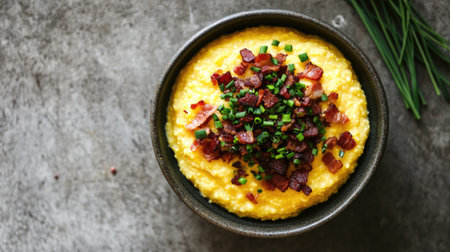 A top view bowl of creamy polenta garnished with chopped ingredients, showcasing vibrant colors and textures, perfect for food photography and culinary art.の素材